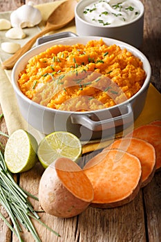 Homemade puree of sweet potato with ingredients close-up in a bo