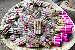 Homemade pyrotechnics on Burmese street market on Inle lake, Myanmar