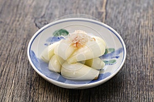 homemade rakkyo (Japanese scallion bulb pickles ), a garnish of Japanese cuisine