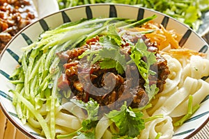 Homemade ramen noodles with soybean paste close up. Zhajiangmian