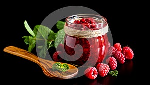 Homemade raspberry jam with fresh fruit on a rustic table setting.