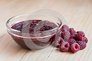 Homemade Raspberry Jam with fresh ripe organic Raspberries photo