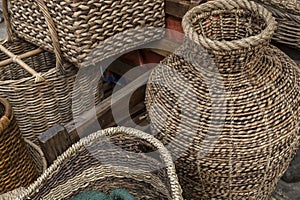 Homemade rattan woven handicrafts for display outside a store at Dapitan Arcade, Quezon City, Philippines