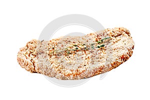 Homemade raw breaded German Weiner Schnitzel. Isolated on white background. Top view.