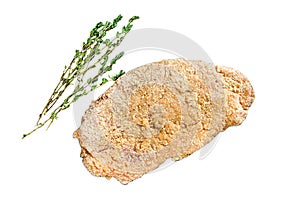 Homemade raw breaded German Weiner Schnitzel. Isolated on white background. Top view.