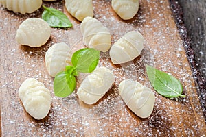 Homemade raw gnocchi with flour and fresh basil closeup