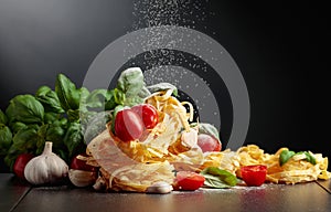 Homemade raw pasta with tomato, garlic, and basil on a black background