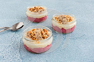 Homemade Rhubarb and Custard Dessert with Crumbs in Ramekins