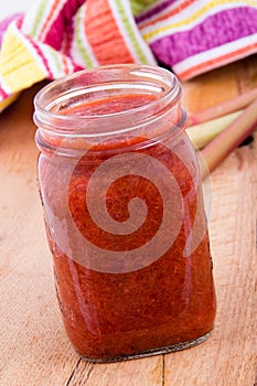 Homemade rhubarb and strawberry jam in jar