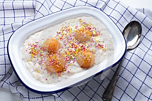 Homemade rice pudding with melon balls and colorful sprinkles
