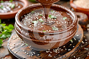 Homemade Rich and Creamy Chocolate Sauce Poured into Ceramic Bowl on Rustic Wooden Table Garnished with Sesame Seeds