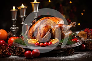 Homemade roast turkey or roast chicken for Thanksgiving or Christmas dinner