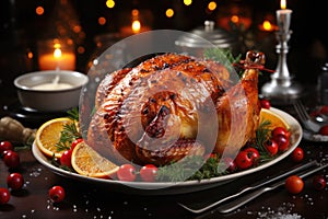 Homemade roast turkey or roast chicken for Thanksgiving or Christmas dinner