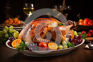 Homemade roast turkey or roast chicken for Thanksgiving or Christmas dinner.Happy New Year and Merry Christmas