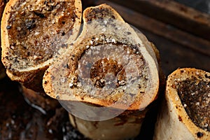 Homemade Roasted Beef Bone Marrow with rosemary and toast