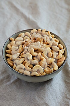 Homemade Roasted and Salted Cashews in a Bowl, low angle view