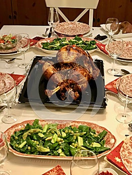 Homemade Roasted Thanksgiving Day Turkey with all the Sides at Dinner Table.