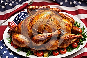 Homemade Roasted Thanksgiving Day Turkey american flag stars and stripes background AI Generated