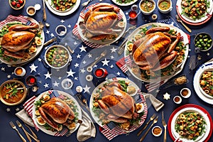 Homemade Roasted Thanksgiving Day Turkey american flag stars and stripes background AI Generated