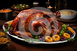 Homemade roasted Thanksgiving Day turkey with with greens, berries and vegetables