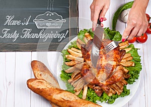 Homemade roasted whole turkey on wooden table. Thanksgiving Celebration Traditional Dinner Setting Food Concept