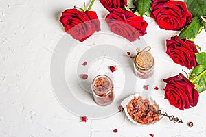 Homemade rose petals jam in bowl and glass jar