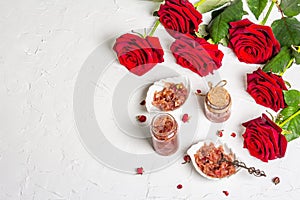 Homemade rose petals jam in bowl and glass jar