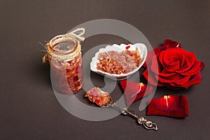 Homemade rose petals jam in bowl and glass jar