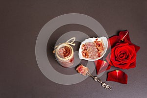 Homemade rose petals jam in bowl and glass jar