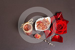 Homemade rose petals jam in bowl and glass jar