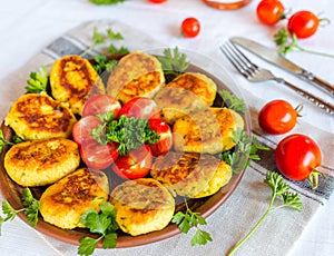 Homemade ruddy cheese and potato cutlets, decorated with fresh tomatoes and parsley, in ceramic plate on napkin