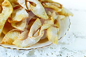 Homemade russian traditional cookies Brushwood in a white plate