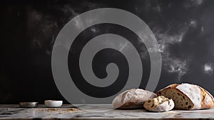 Homemade rustic bread on a marble kitchen countertop, on dark background. Generative AI