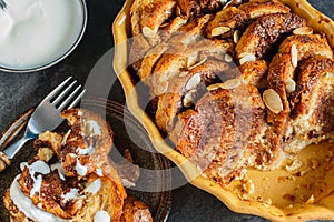 Homemade rustic bread pudding with chocolate and almonds