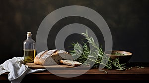 Homemade rustic bread on a wooden cutting board, rosemary, and olive oil. Generative AI