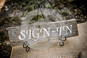 Rustic wedding sign with writing.
