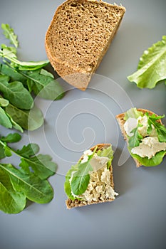 Homemade rye bread with herring paste and arugula