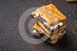 Homemade s`mores with crackers, marshmallows and chocolate