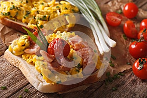Homemade sandwich with scrambled eggs, bacon and tomatoes close-up. horizontal