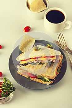 Homemade sandwich. Toasted double panini with ham, cheese fresh vegetables. Snack at work or lunch. Light background