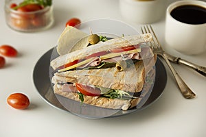 Homemade sandwich. Toasted double panini with ham, cheese fresh vegetables. Snack at work or lunch. Light background