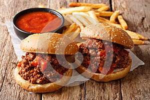 Homemade sandwiches with meat Sloppy Joe and french fries, ketch