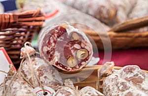 Homemade sausages with hazelnuts for sale at local street market