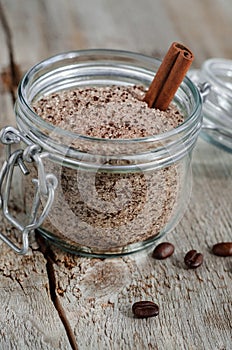 Homemade scrub made of sugar, ground coffee and cinnamon