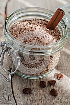 Homemade scrub made of sugar, ground coffee and cinnamon