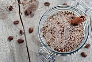 Homemade scrub made of sugar, ground coffee and cinnamon