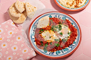 Homemade shakshuka breakfast topped with fresh herb leaves and garnished with flatbread