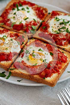 Homemade Sheet-Pan Shakshuka Toast on a Plate, side view