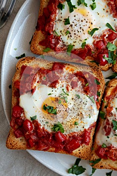 Homemade Sheet-Pan Shakshuka Toast on a Plate, top view. Close-up