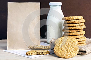 Homemade shortbread cookies made of oatmeal stacked on sackcloth